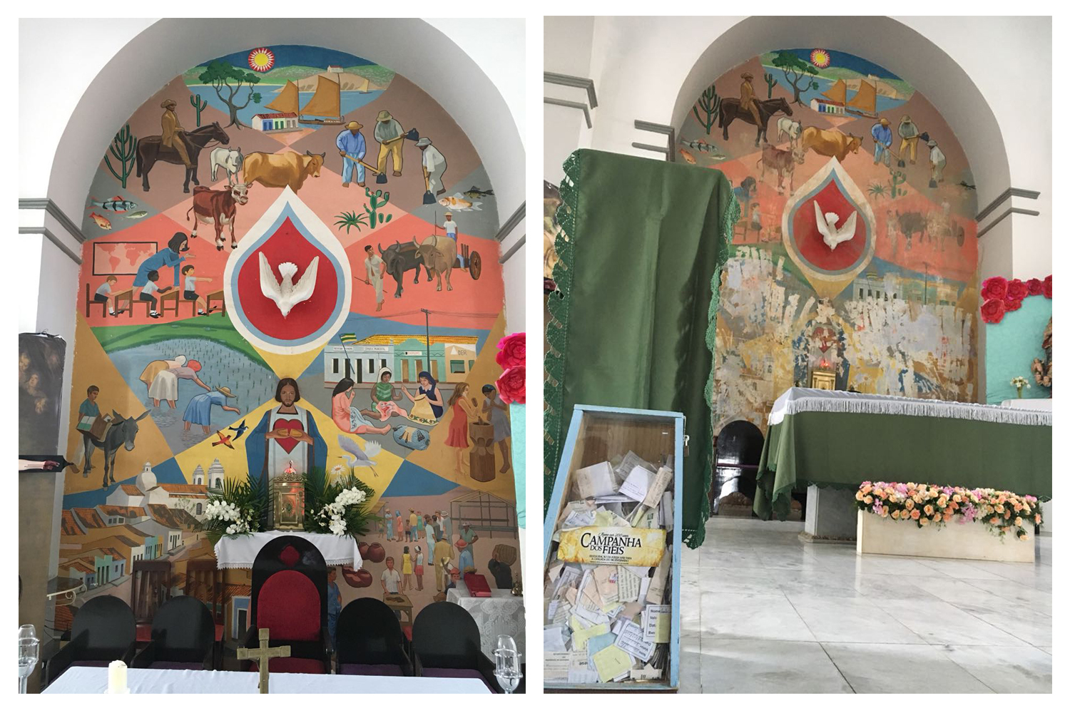 Antes e depois do mural da Igreja Matriz de Porto da Folha (Fotos: José Millano Costa Freire)