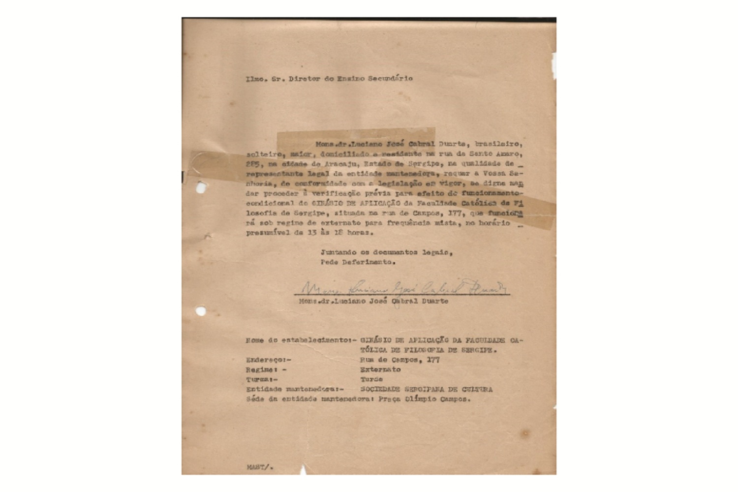 Solicitação à Inspetoria de Verificação Prévia para a instalação do Ginásio de Aplicação (1959). Fonte: Acervo do Cemdap.