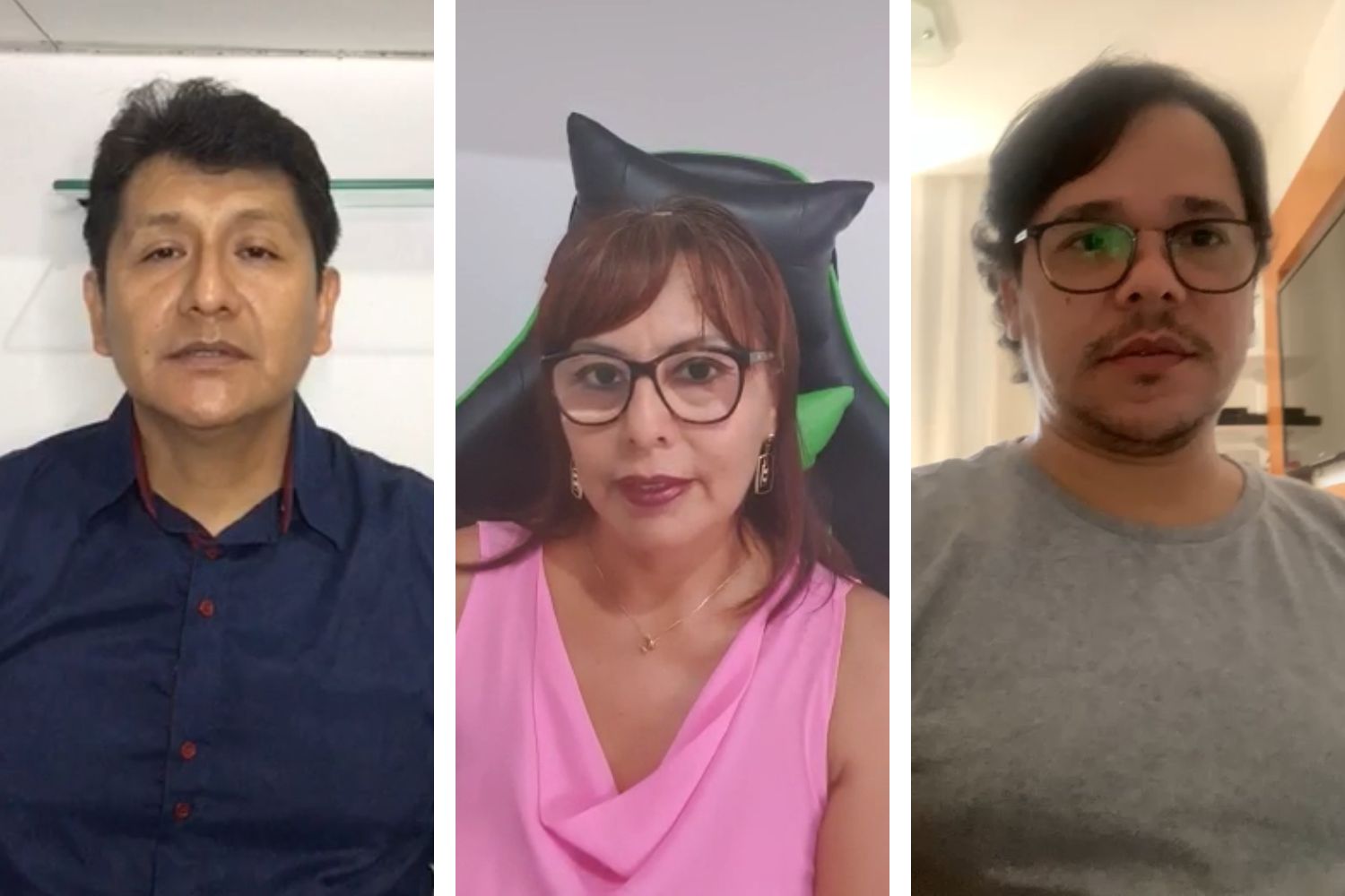 Carlos Alberto Estombelo Montesco e Eliana Ofélia Llapa Rodriguez são professores, respectivamente, dos departamentos de Computação e Enfermagem de São Cristóvão, e Glebson Moura Silva (à direita) leciona no Departamento de Enfermagem da UFS/Lagarto. (Fotos: reprodução / entrevista remota)