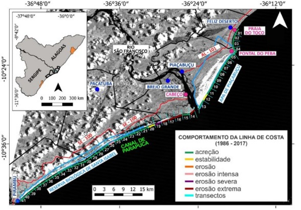 Imagem de satélite sobre o  comportamento da linha de costa (1986-2017). Foto: Reprodução/ Iaggo Correia