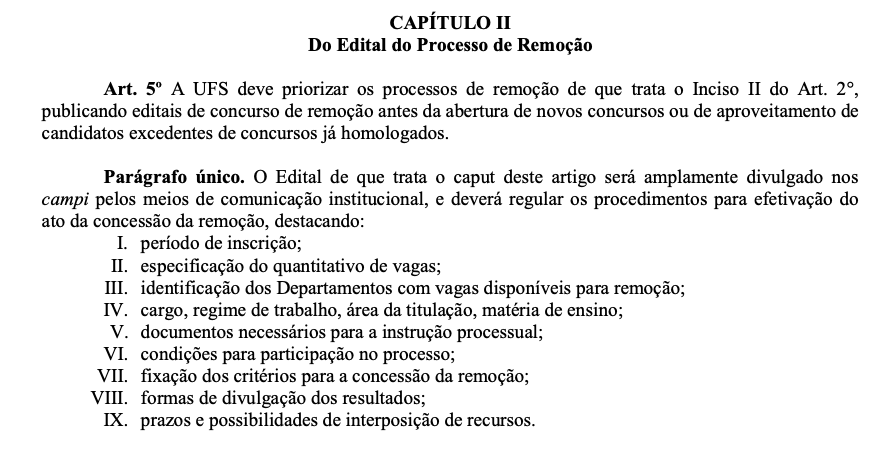 Artigo 5º da resolução nº 50/2015/Consu trata sobre o processo de remoção