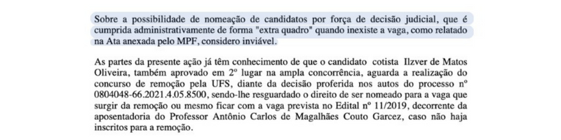 Trecho da sentença sobre aplicação da Lei de Cotas