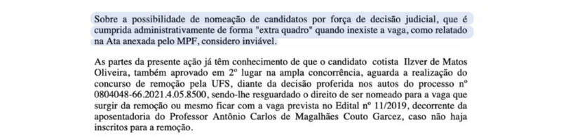 Trecho da sentença sobre aplicação da Lei de Cotas 