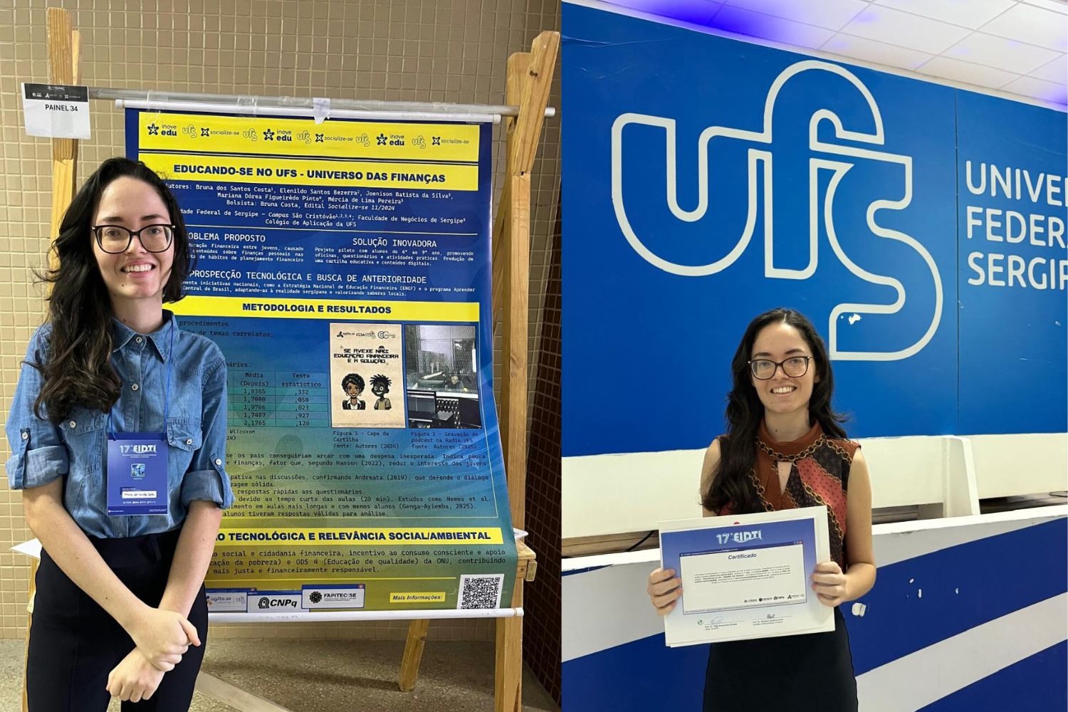 Bruna dos Cantos recebe menção honrosa, em 1° lugar, na modalidade Banner no Edital Socialize-se nº 11/2024, durante a I Feira de Produtos Educacionais e Sociais da UFS (Foto: arquivo pessoal)